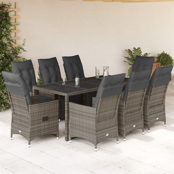 vidaXL 9 Piece Garden Bistro Set with Cushions Grey Poly Rattan