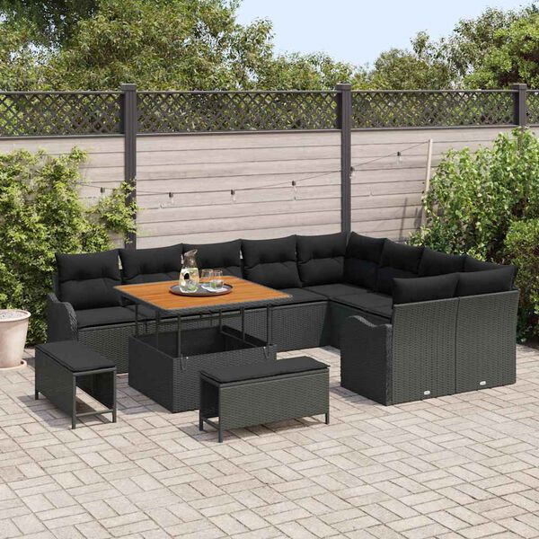 vidaXL Garden Sofa Set Height-Adjustable 12 pcs Black Poly Rattan