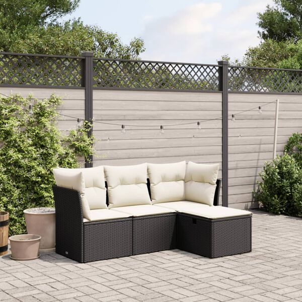 vidaXL 4 Piece Garden Sofa Set with Cushions Black Poly Rattan