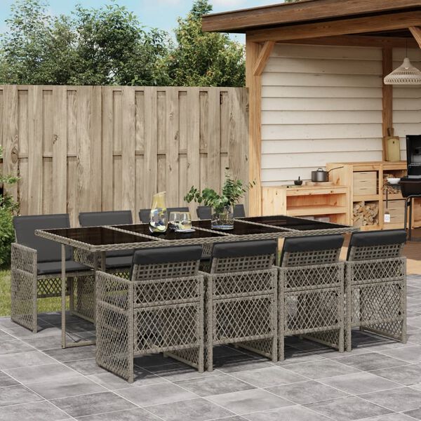 vidaXL 9 Piece Garden Dining Set with Cushions Grey Poly Rattan