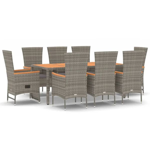 vidaXL 9 Piece Garden Dining Set with Cushions Grey Poly Rattan