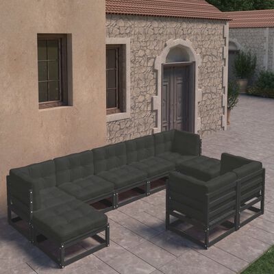 vidaXL 9 Piece Garden Lounge Set with Cushions Black Solid Pinewood