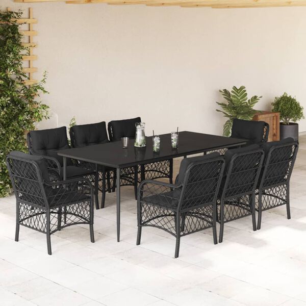 vidaXL 9 Piece Garden Dining Set with Cushions Black Poly Rattan
