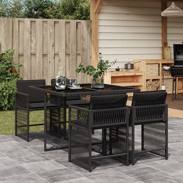 vidaXL 5 Piece Garden Dining Set with Cushions Black Poly Rattan
