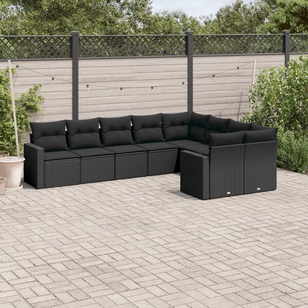 vidaXL 9 Piece Garden Sofa Set with Cushions Black Poly Rattan