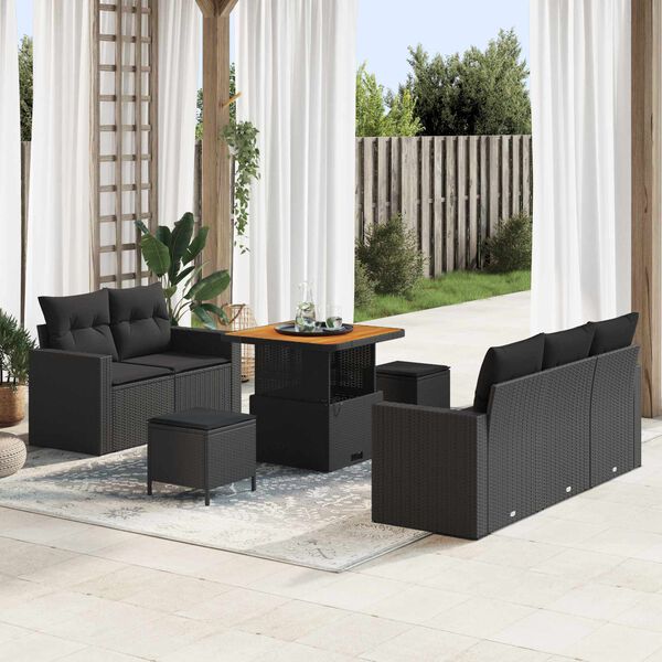 vidaXL Garden Sofa Set with Cushion 8 pcs Black Poly Rattan