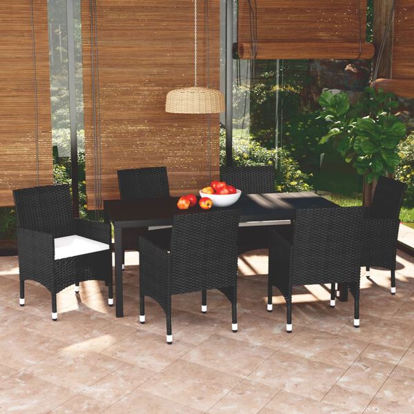 vidaXL 7 Piece Garden Dining Set with Cushions Poly Rattan Black