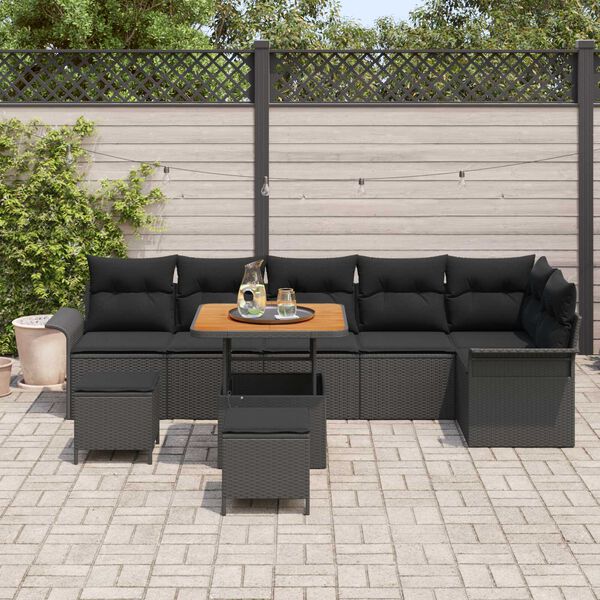 vidaXL Garden Sofa Set with Cushion 9 pcs Black Poly Rattan