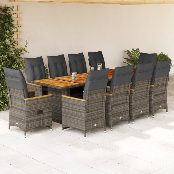 vidaXL 11 Piece Garden Bistro Set with Cushions Grey Poly Rattan