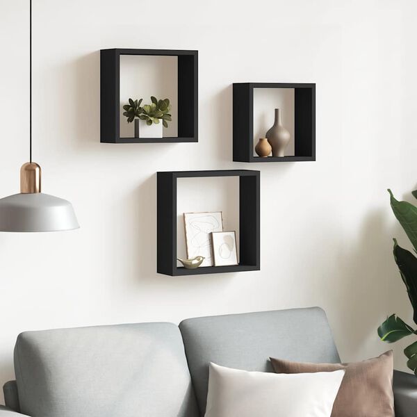 vidaXL Wall Cube Shelves 3 pcs Black MDF