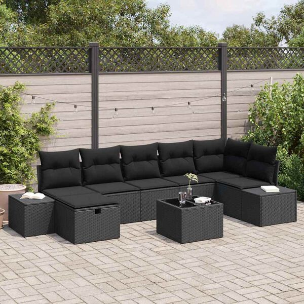 vidaXL Garden Sofa Set with Cushion 8 pcs Black Poly Rattan