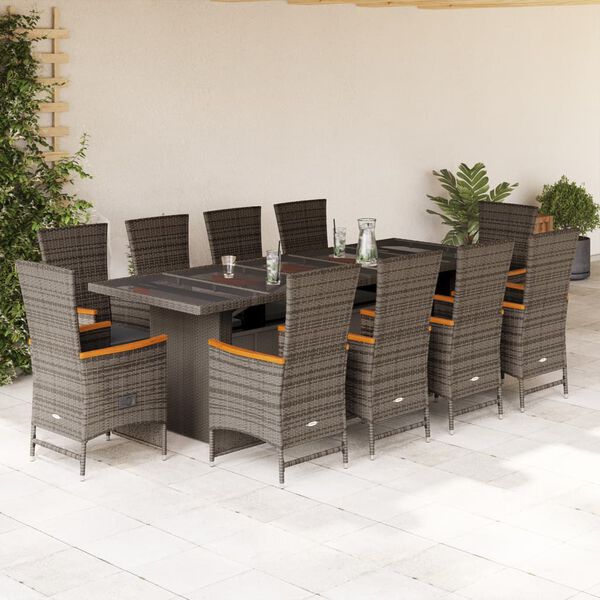 vidaXL 11 Piece Garden Dining Set with Cushions Grey Poly Rattan
