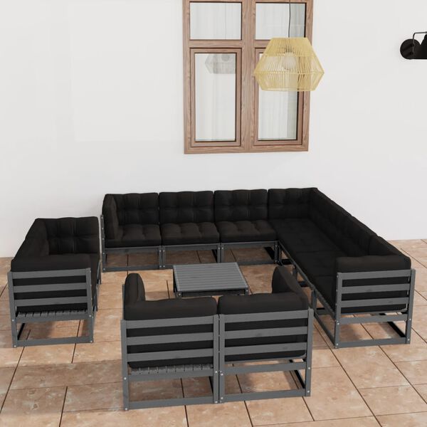 vidaXL 12 Piece Garden Lounge Set with Cushions Grey Solid Pinewood