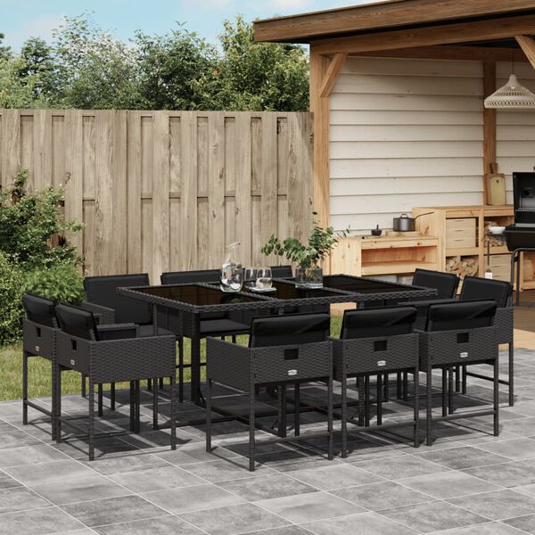 vidaXL 11 Piece Garden Dining Set with Cushions Black Poly Rattan