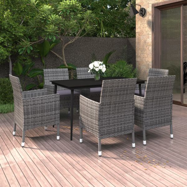 vidaXL 7 Piece Garden Dining Set with Cushions Poly Rattan and Glass
