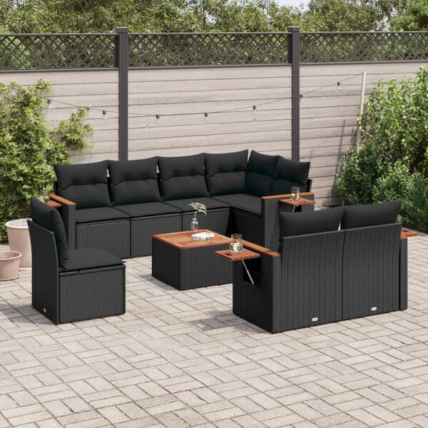 vidaXL 9 Piece Garden Sofa Set with Cushions Black Poly Rattan
