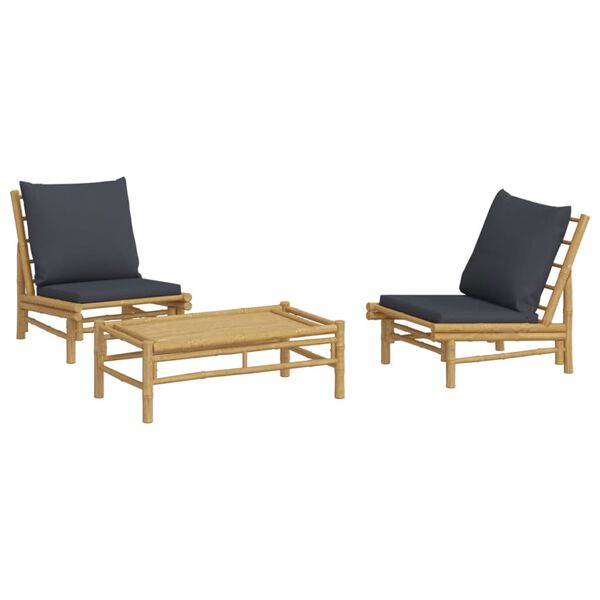 vidaXL 3 Piece Garden Lounge Set with Dark Grey Cushions Bamboo