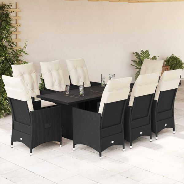 vidaXL 9 Piece Garden Dining Set with Cushions Black Poly Rattan