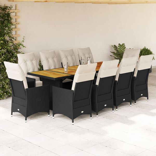 vidaXL 11 Piece Garden Bistro Set with Cushions Black Poly Rattan