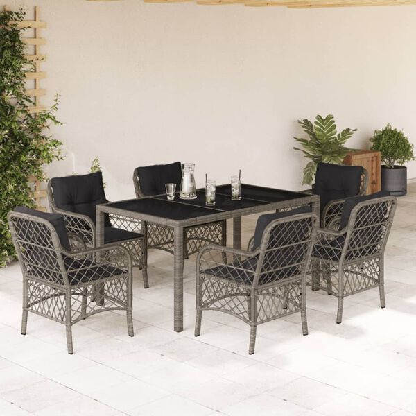 vidaXL 7 Piece Garden Dining Set with Cushions Grey Poly Rattan