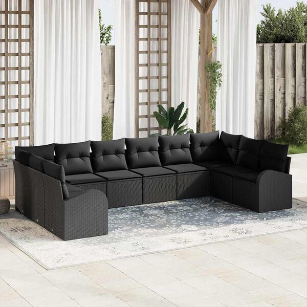 vidaXL Sofa Set with Cushion 10 pcs Black Poly Rattan