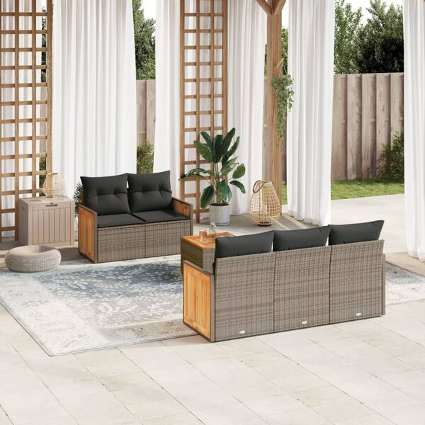 vidaXL 6 Piece Garden Sofa Set with Cushions Grey Poly Rattan