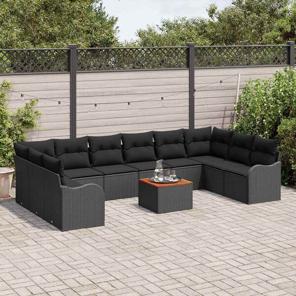 vidaXL Garden Sofa Set with Cushion 11 pcs Black Poly Rattan