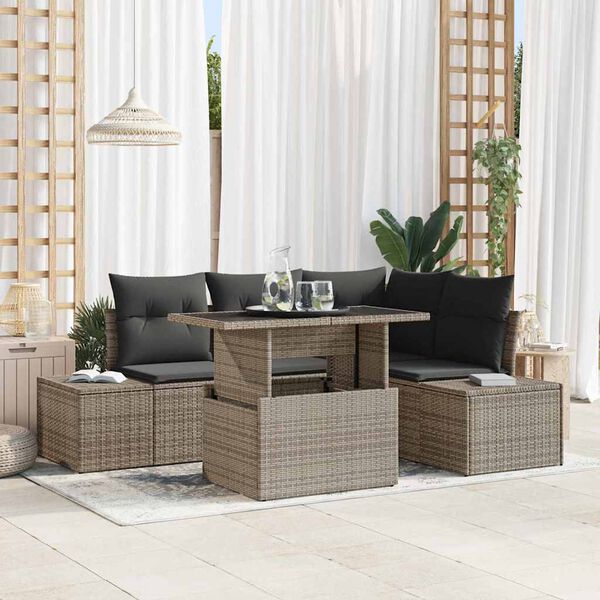 vidaXL Garden Sofa Set with Cushion 5 pcs Grey Poly Rattan