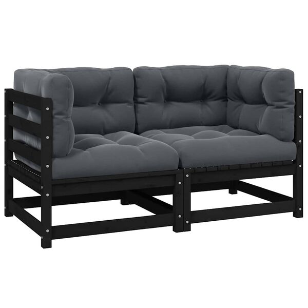 vidaXL Garden 2-Seater Sofa with Cushions Black Solid Pinewood