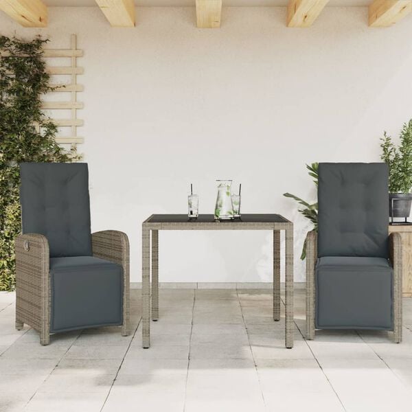 vidaXL 3 Piece Bistro Set with Cushions Grey Poly Rattan