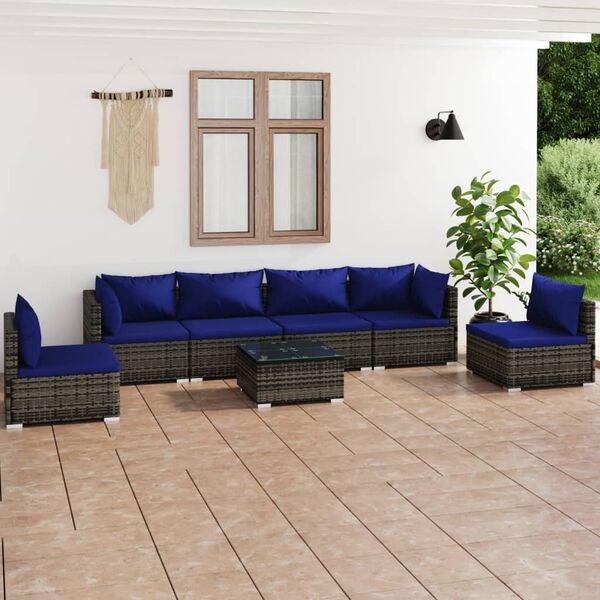 vidaXL 7 Piece Garden Lounge Set with Cushions Poly Rattan Grey
