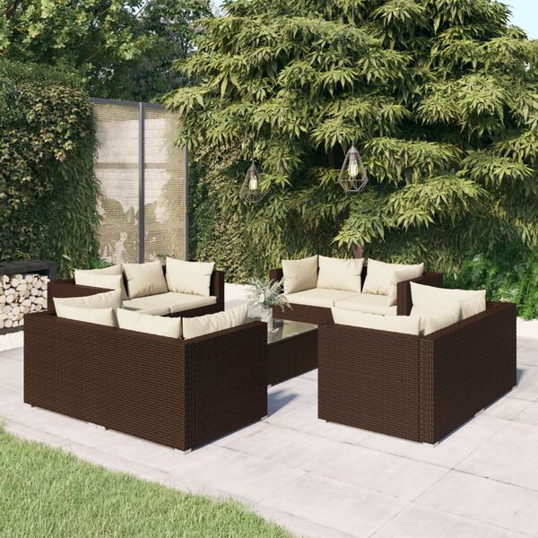 vidaXL 9 Piece Garden Lounge Set with Cushions Poly Rattan Brown