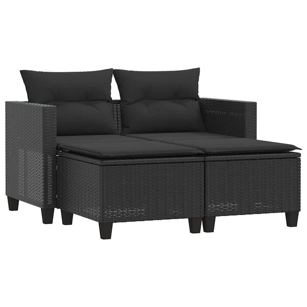 vidaXL Garden Sofa 2-Seater with Stools Black Poly Rattan