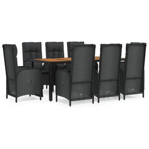 vidaXL 9 Piece Garden Dining Set with Cushions Black Poly Rattan