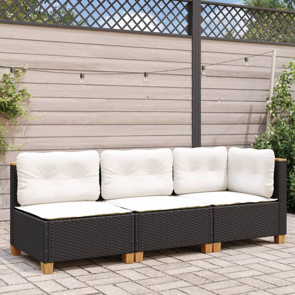 vidaXL Garden Sofa with Cushions 3-Seater Black Poly Rattan