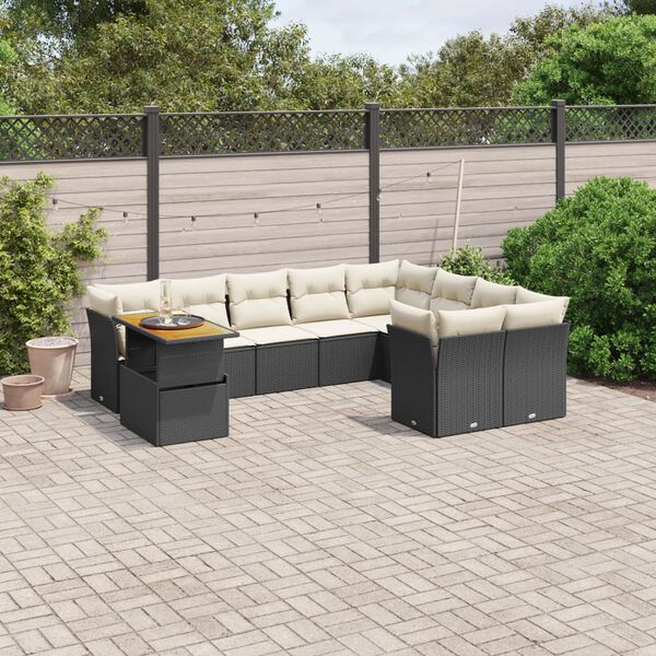 vidaXL 10 Piece Garden Sofa Set with Cushions Black Poly Rattan