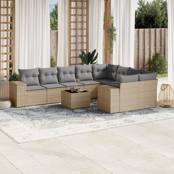 vidaXL 10 Piece Garden Sofa Set with Cushions Beige Poly Rattan