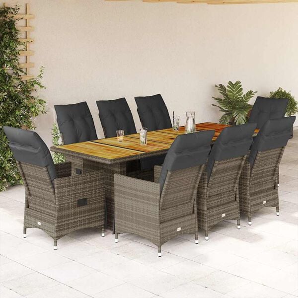 vidaXL 9 Piece Garden Bistro Set with Cushions Grey Poly Rattan