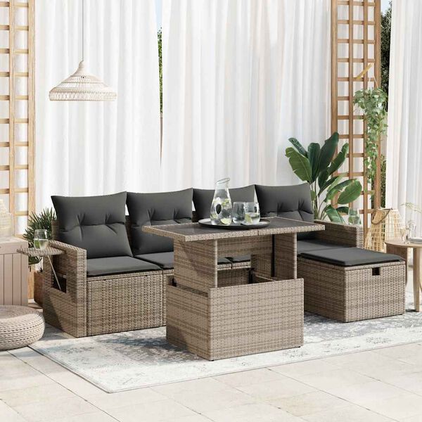 vidaXL 6 Piece Garden Sofa Set with Cushions Grey Poly Rattan
