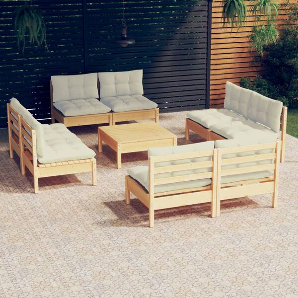 vidaXL 9 Piece Garden Lounge Set with Cream Cushions Pinewood