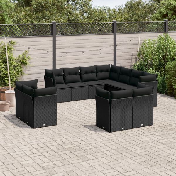 vidaXL 11 Piece Garden Sofa Set with Cushions Black Poly Rattan