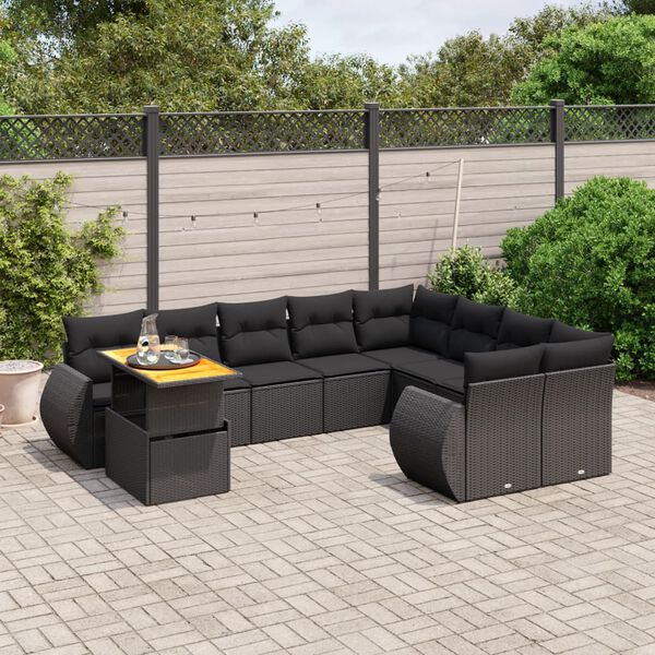 vidaXL 10 Piece Garden Sofa Set with Cushions Black Poly Rattan
