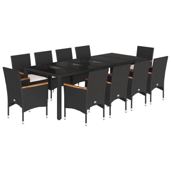 vidaXL 11 Piece Garden Dining Set with Cushions Black Poly Rattan and Glass