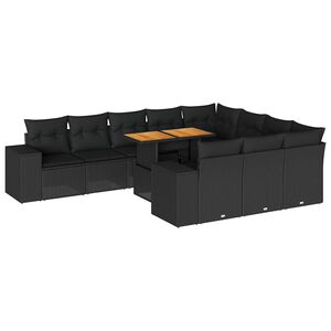 vidaXL 10 Piece Garden Sofa Set with Cushions Black Poly Rattan Acacia