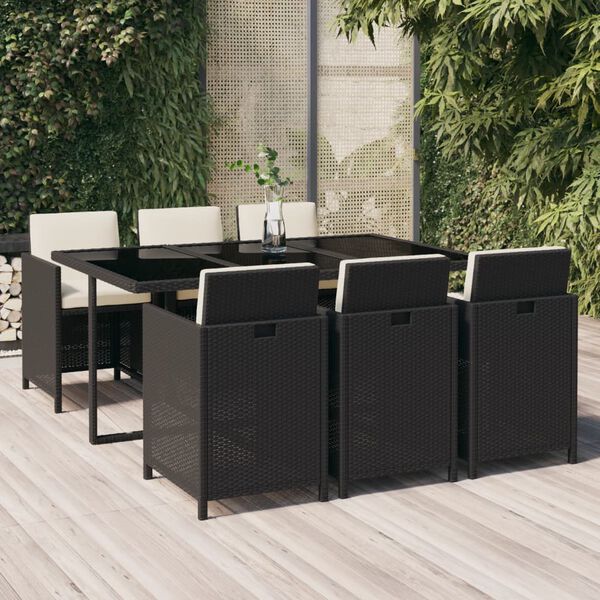 vidaXL 7 Piece Garden Dining Set with Cushions Poly Rattan Black
