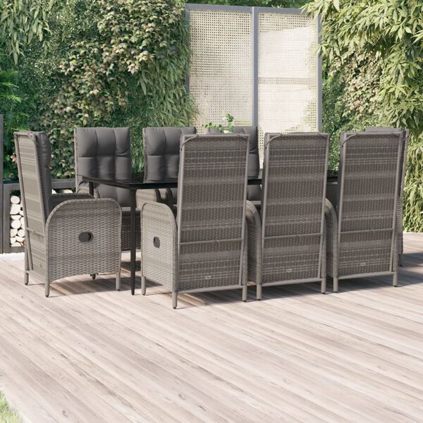 vidaXL 9 Piece Garden Dining Set with Cushions Black and Grey Poly Rattan