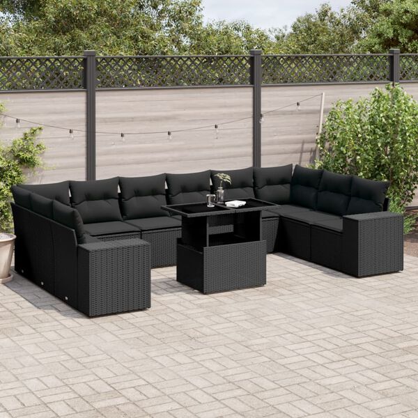 vidaXL 11 Piece Garden Sofa Set with Cushions Black Poly Rattan