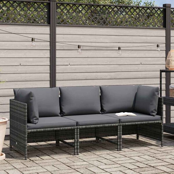 vidaXL 3-Seater Garden Sofa with Cushions Grey Poly Rattan