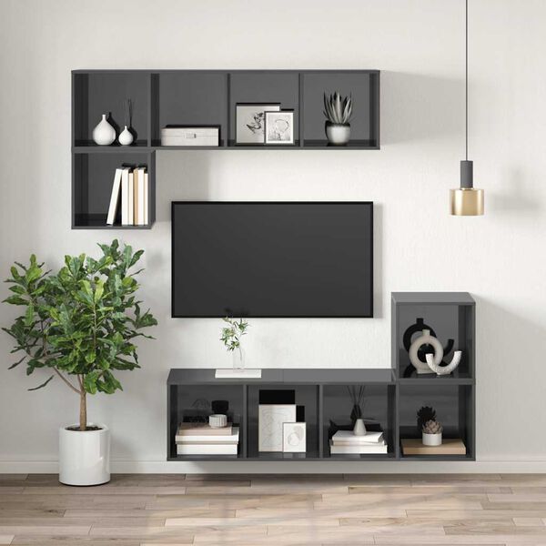vidaXL Wall-mounted TV Cabinet High Gloss Grey 37x37x142.5 cm Engineered Wood