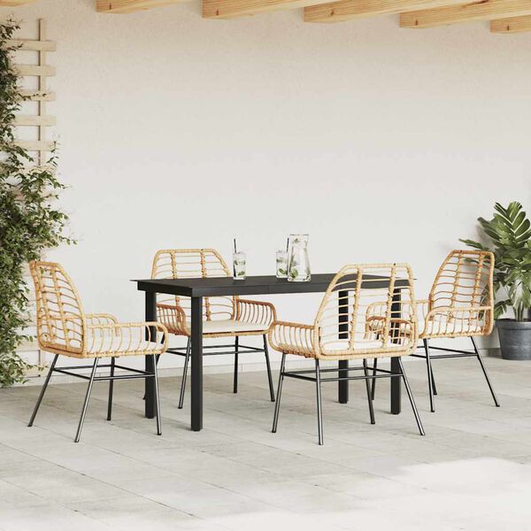 vidaXL 5 Piece Garden Dining Set with Cushions Brown Poly Rattan Glass